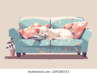 Perro lindo con siesta, acurrucada en un moderno sofá mullido en un apartamento luminoso, esperando el regreso de un dueño. Ilustración vectorial simple en paleta de color claro calmado