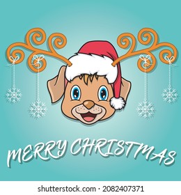 Cute Dog Head Cartoon Christmas Card. Wearing Hat and Funny Christmas. Vector and Illustration.