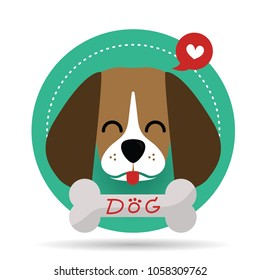 cute dog head character and his bone in green circle badge. it can be a logo or sone elements for pet business. 