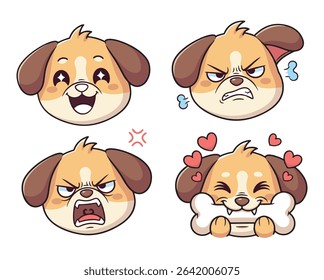 Cute Dog Head Emotions Set, Expressive Puppy Face Icons, An adorable collection of four cartoon dog head illustrations showcasing a variety of strong emotions. Vector illustraton