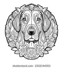 Cute dog head with flower coloring pages. coloring page for adults mandala dog illustration.