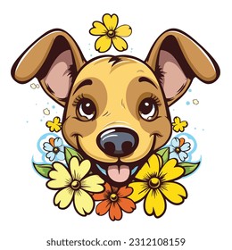 Cute dog head in flowers