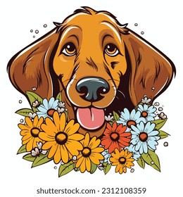 Cute dog head in flowers