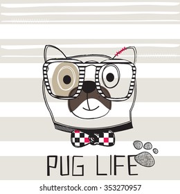 cute dog head with glasses on striped background vector illustration