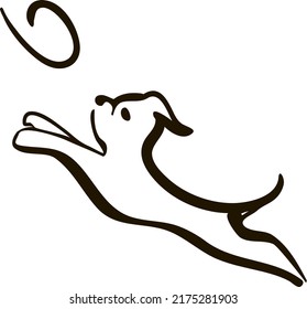 Cute Dog Head Line Art DrawingvVector Illustration Of Isolated Dog Agility Training Dog Jumping And Catching Disc. Head Line Art Drawing Silhouette On White Background.