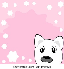 Cute dog head on a pink, white background and stars. Vector illustration as a background.