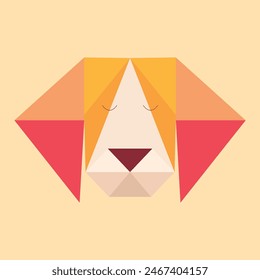 Cute dog head origami, with big ears, friendly and sleepy. Created with vector, to simulate folded paper. Childish, minimalist and colorful.