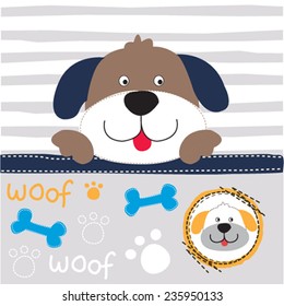 cute dog head with paw and bone vector illustration