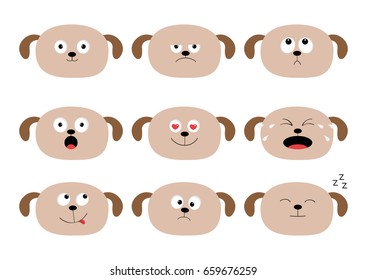 Cute dog head set. Funny cartoon characters. Emotion collection. Happy, surprised, crying, sad, angry puppy. White background Isolated. Flat design Vector illustration