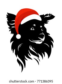 cute dog head wearing santa hat - christmas time puppy vector portrait