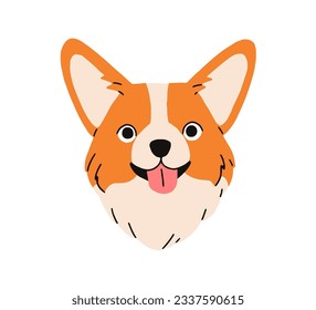 Cute dog head of Welsh Corgi breed. Happy companion doggy, canine face avatar. Funny smiling puppy with tongue, muzzle portrait. Flat vector illustration isolated on white background