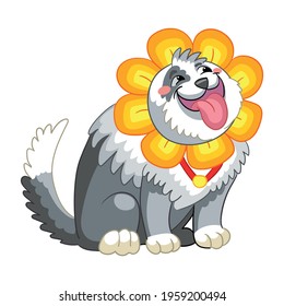 Cute dog with headgear in forme of flower. Cartoon character. Vector isolated illustration. For print and design, posters, nursery design, cards, stickers, decor, party, t-shirt, kids apparel