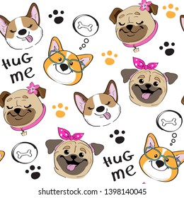 Cute dog heads on white background seamless pattern