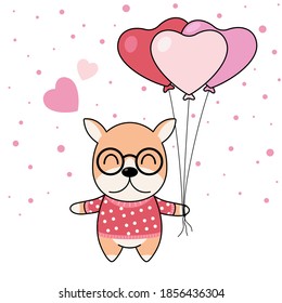 Cute dog with the heart balloons and pink snow. New Year, Merry Christmas, Anniversary, Birthday, and Valentine concept, eps 10 vector.