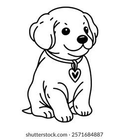 a cute dog with heart collar Valentines day Hand drawn doodle line art illustration love elements greeting card decoration 