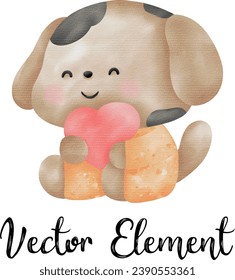 Cute dog with heart for Valentine’s Day watercolor vector elements