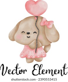 Cute dog with heart for Valentine’s Day watercolor vector elements