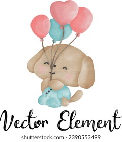 Cute dog with heart for Valentine’s Day watercolor vector elements