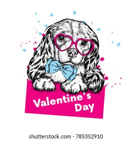 Cute dog with hearts, glasses and a tie. Vector illustration for a postcard or a poster, print for clothes. Valentine's Day, love and friendship. Purebred puppy in clothes and accessories.