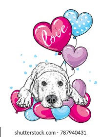 Cute dog with hearts, glasses and a tie. Vector illustration for a postcard or a poster, print for clothes. Valentine's Day, love and friendship. Purebred puppy in clothes and accessories.
