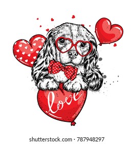 Cute dog with hearts, glasses and a tie. Vector illustration for a postcard or a poster, print for clothes. Valentine's Day, love and friendship. Purebred puppy in clothes and accessories.
