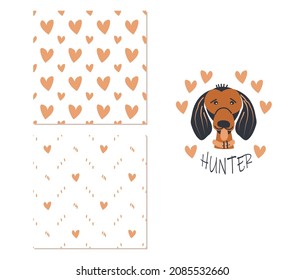 Cute dog in hearts. Two simple seamless patterns for childish clothes, surface design. Vector illustration.