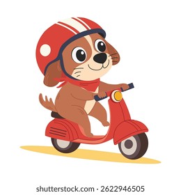 Cute dog in helmet riding a scooter. Happy character on a scooter. Vector children illustration isolated on white background.