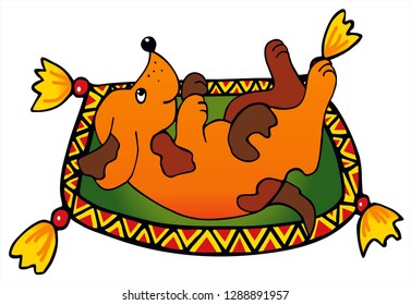 Cute dog in his bed. Colored vector for card or gift. 