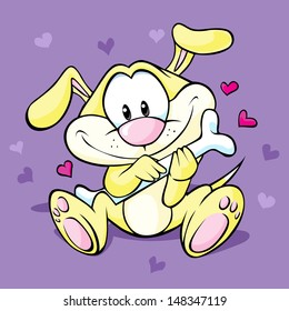 cute dog hold bone sitting on violet background with hearts