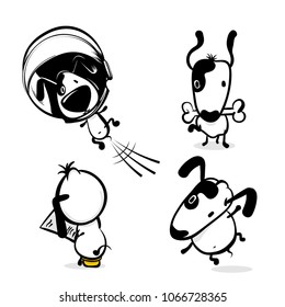 Cute dog hold bone sticker. Monochrome puppy collection design. Simple black white sketch vector illustration design. Comic character little funny animal pet. Happy friendly doggy set collection.