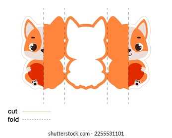 Cute dog hold heart. Fold long greeting card template. Great for St. Valentine day, birthdays, baby showers. Printable color scheme. Print, cut out, fold. Vector stock illustration.