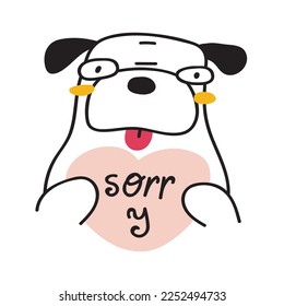 Cute dog hold heart. Text - sorry. Illustration on white background.