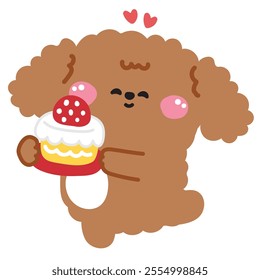 Cute dog hold strawberry cake.Heart.Bakery.Sweet and dessert.Birthday cake.Pet animal character cartoon design.Image for card,sticker,baby clothing.Kawaii.Vector.Illustration. 