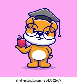 Cute Dog Holding Apple With Graduation Hat Cartoon Vector Icon Illustration. Animal Education Icon Concept Isolated Premium Vector. Flat Cartoon Style