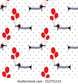 Cute dog holding balloons seamless pattern on polka dots background. Cartoon dachshund vector illustration. French style dressed dog with beret and frock. Fashion design for textile, fabric, decor