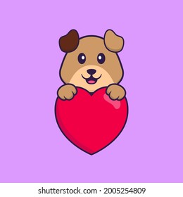 Cute dog holding a big red heart. Animal cartoon concept isolated. Can used for t-shirt, greeting card, invitation card or mascot.