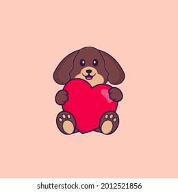 Cute dog holding a big red heart. Animal cartoon concept isolated. Can used for t-shirt, greeting card, invitation card or mascot.