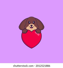 Cute dog holding a big red heart. Animal cartoon concept isolated. Can used for t-shirt, greeting card, invitation card or mascot.