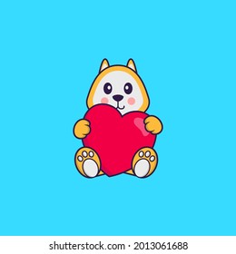 Cute dog holding a big red heart. Animal cartoon concept isolated. Can used for t-shirt, greeting card, invitation card or mascot.
