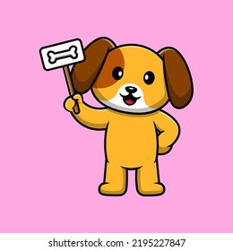 Cute Dog Holding Bone Board Cartoon Vector Icon Illustration. Flat Cartoon Concept