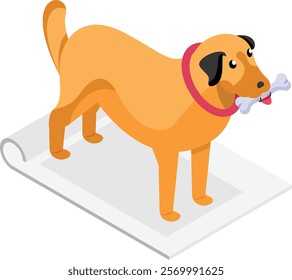 Cute Dog Holding Bone isometric flat concept, Puppy standing on floor Rug and Eating Food vector color icon design, Pet and Vet symbol, Animal Shelter sign, four legged friends stock illustration