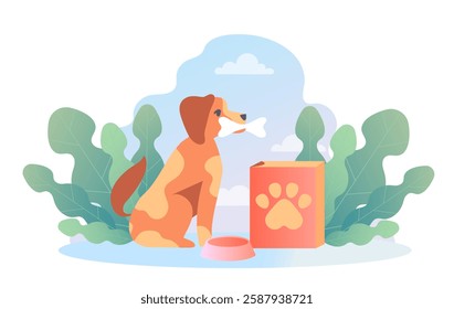 Cute dog holding a bone in its mouth, sitting next to a pet food box and bowl outdoors. Green leaves and blue sky in the background. Concept of pet care and nutrition. Vector illustration
