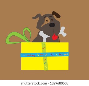 Ein süßer Hund, der Knochen hält, sitzt in einer gelben Geschenkbox. Farbige Vektorgrafik. Sonnige Haustierüberraschung zu Weihnachten.