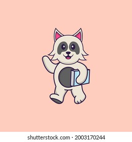 Cute dog holding a book. Animal cartoon concept isolated. Can used for t-shirt, greeting card, invitation card or mascot.
