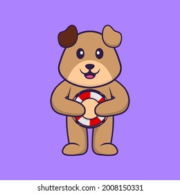 Cute dog holding a buoy. Animal cartoon concept isolated. Can used for t-shirt, greeting card, invitation card or mascot.