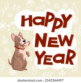 A cute dog holding a candy cane in mouth stands on hind legs. Hand lettering of Happy New Year