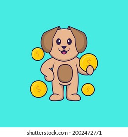 Cute dog holding coin. Animal cartoon concept isolated. Can used for t-shirt, greeting card, invitation card or mascot.