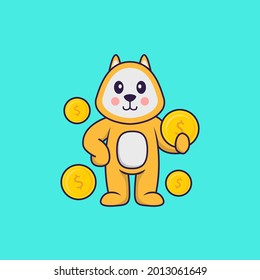 Cute dog holding coin. Animal cartoon concept isolated. Can used for t-shirt, greeting card, invitation card or mascot.
