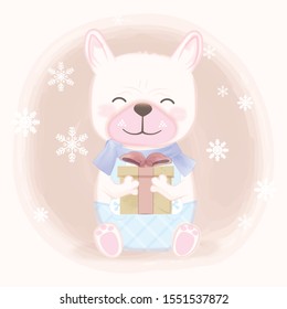 Cute dog holding gift box cartoon hand drawn illustration Christmas season background