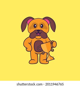 Cute dog holding gold trophy. Animal cartoon concept isolated. Can used for t-shirt, greeting card, invitation card or mascot.